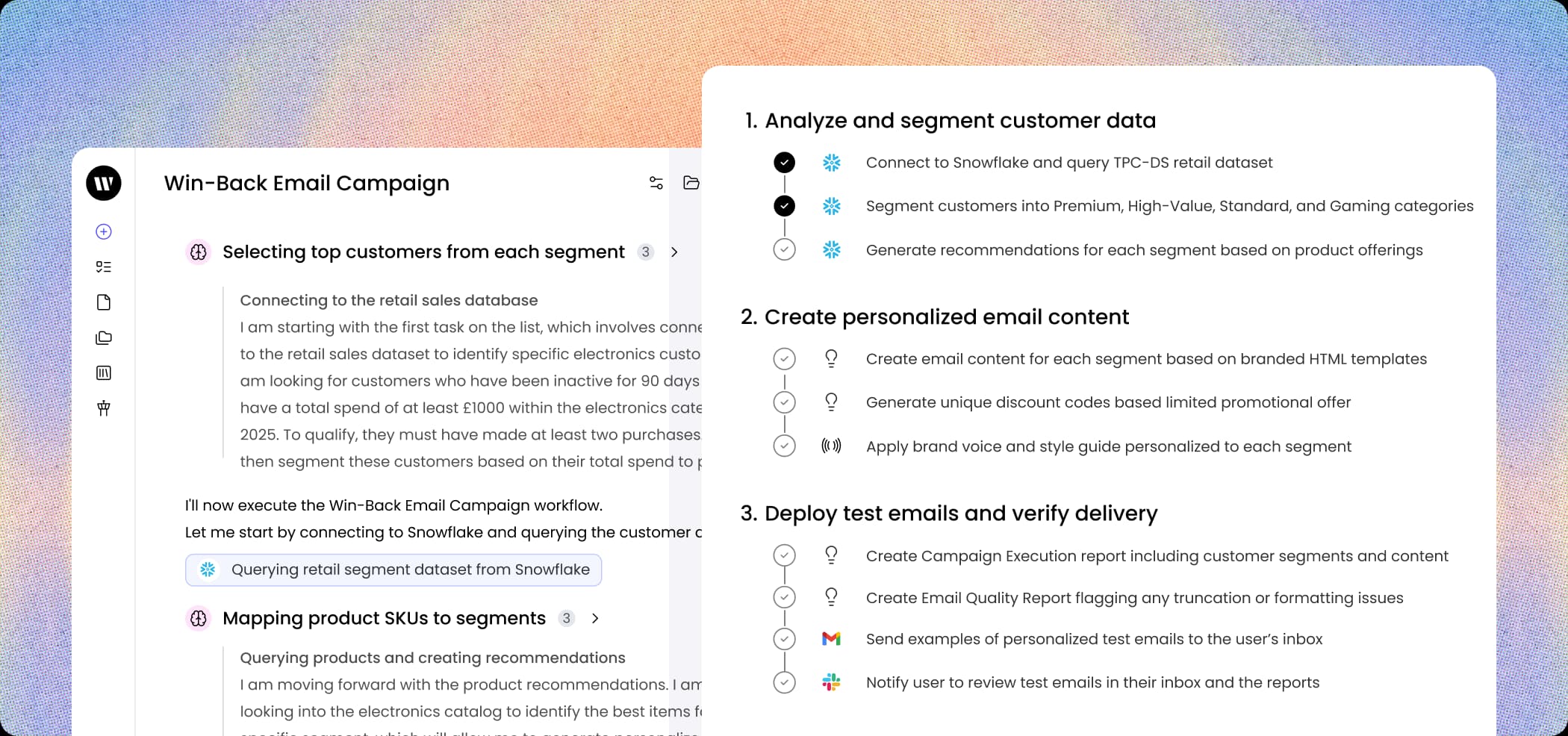 WRITER Agent executing a Win-Back Email Campaign workflow